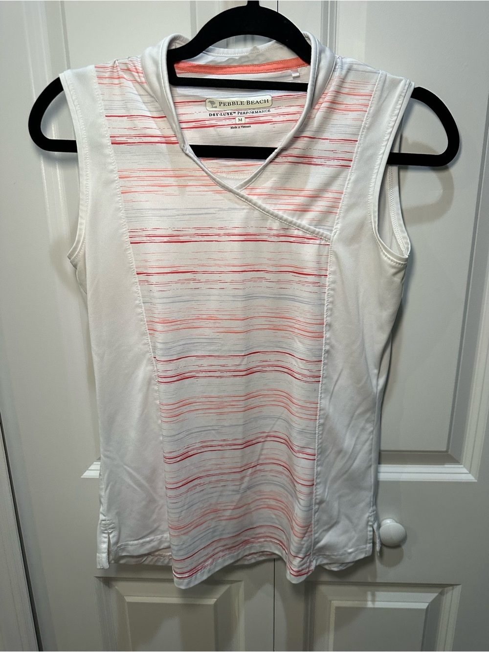 Pebble Beach White & Coral Striped Sleeveless Golf Polo M